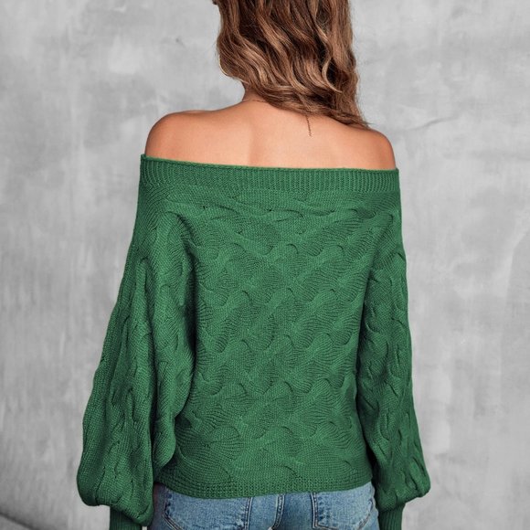 New Off Shoulder Batwing Sleeve Textured Sweater Green - Picture 3 of 7